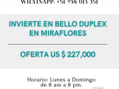 INVIERTE EN UN BELLO DUPLEX EN MIRAFLORES, LA MEJOR ZONA DE LIMA