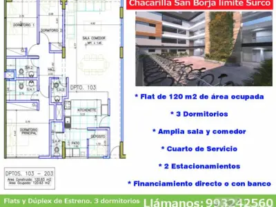 Departamento 3 dormitorios Estreno Chacarilla San Borja limite Surco