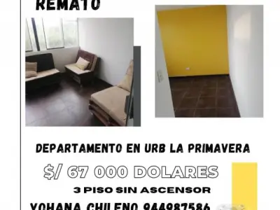 Vendo departamento en el 3 piso sin ascensor en la Urb. La Primavera,bien cerca a Precio Uno ,es Residencial cerrada