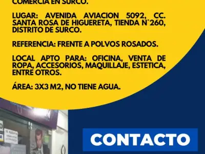 ALQUILER DE LOCAL DE 3X3 M2 EN SURCO 650 SOLES