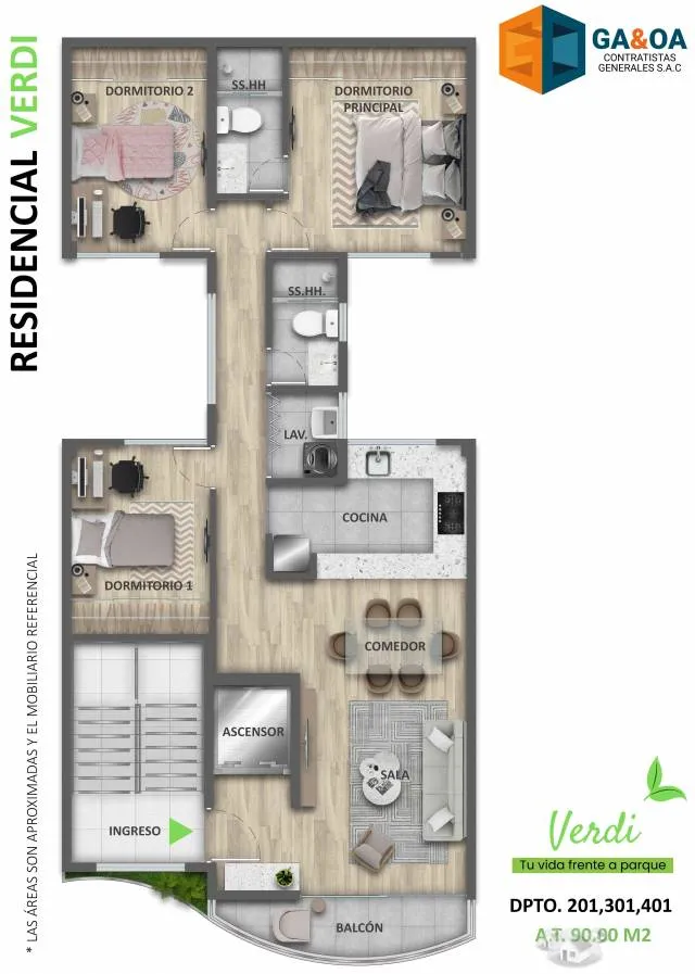 VERDI DEPARTAMENTOS EXCLUSIVO FRENTE A PARQUE, 3 DORMITORIOS 90M2 — foto 2