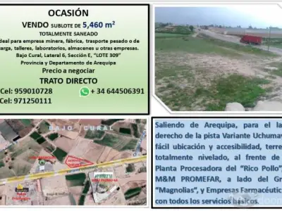 Vendo terreno de 5.460 m2 en Variante Uchumayo