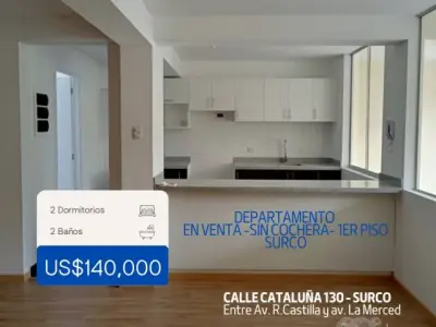 VENTA DEPARTAMENTO SURCO 88M2 - PRIMER PISO SIN COCHERA- 2 DORMITORIOS- TERRAZA-LIMITE CON BARRANCO