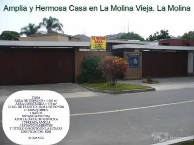 LOS JACARANDAS 146. LA MOLINA VIEJA VENDO CASA A.T= 1000m2 AC= 478M2 4DORM 3BAÑOS, TERRAZA, 5ESTACIONAMIENTOS, JARDINES. CERCA AV RAUL FERRERO, C.C MOLINA PLAZA. PLAZA VEA UNALM