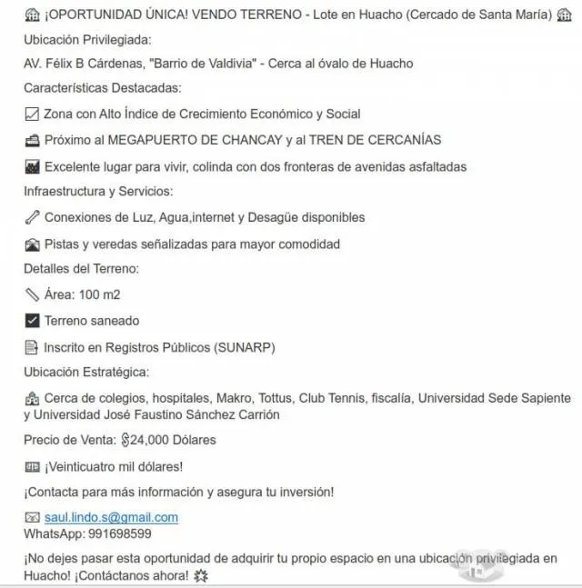 OPORTUNIDAD ÚNICA! VENDO TERRENO - Huacho (Santa María)-Trato directo — foto 2