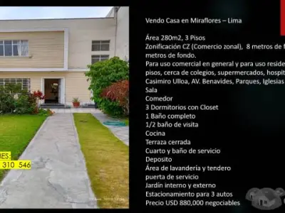 Vendo casa en Av. Republica de Panamá Miraflores - Lima  Área 280m2