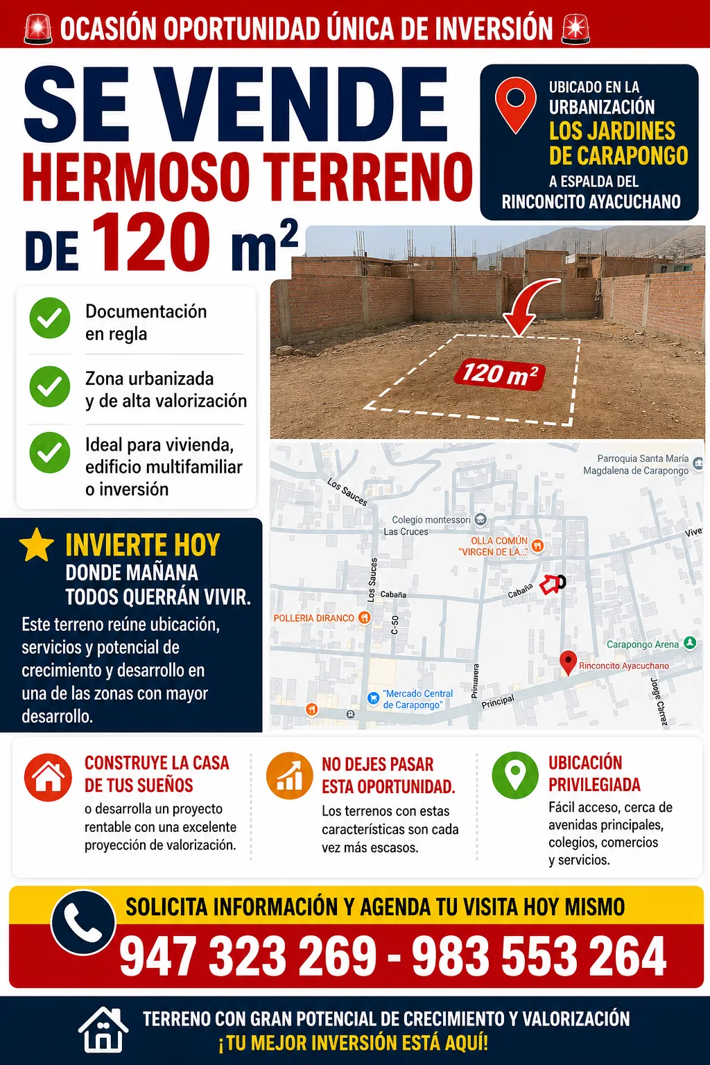 🚨 OCASIÓN OPORTUNIDAD ÚNICA DE INVERSIÓN 🚨 🔥 SE VENDE HERMOSO TERRENO DE 120 m² 📏 Lote 7, Mz. B, Urb. Residencial Los Jardines de Carapongo, Lurigancho – Chosica - 2