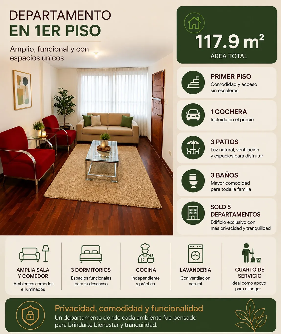 Amplio Departamento en 1er Piso | 117 m² | 3 Dorm | Santa Raquel | Cochera — foto 5