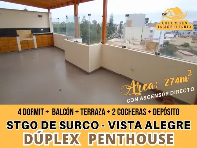 Surco VISTA ALEGRE – DÚPLEX Penthouse de 4 Dormit + Balcón + Terraza + Cocina separada + 2 cocheras +depósito