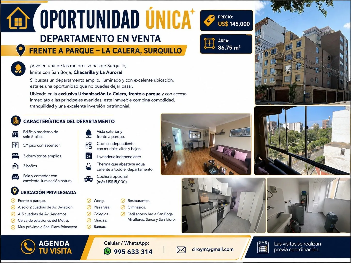 🏡 OPORTUNIDAD ÚNICA | DEPARTAMENTO EN VENTA FRENTE A PARQUE – LA CALERA, SURQUILLO 💰 Precio: US$ 145,000 — foto 2