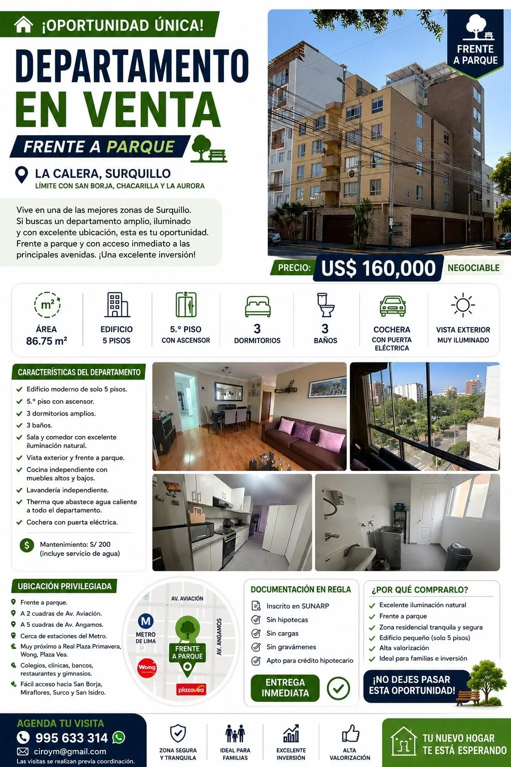 🏡 OPORTUNIDAD ÚNICA | DEPARTAMENTO EN VENTA FRENTE A PARQUE – LA CALERA, SURQUILLO 💰 Precio: US$ 160,000
