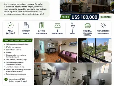 🏡 OPORTUNIDAD ÚNICA | DEPARTAMENTO EN VENTA FRENTE A PARQUE – LA CALERA, SURQUILLO 💰 Precio: US$ 145,000