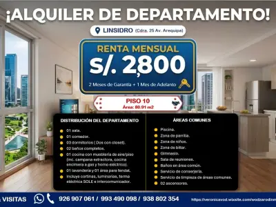 ALQUILER DE DEPARTAMENTO LINSIDRO-PISO 10