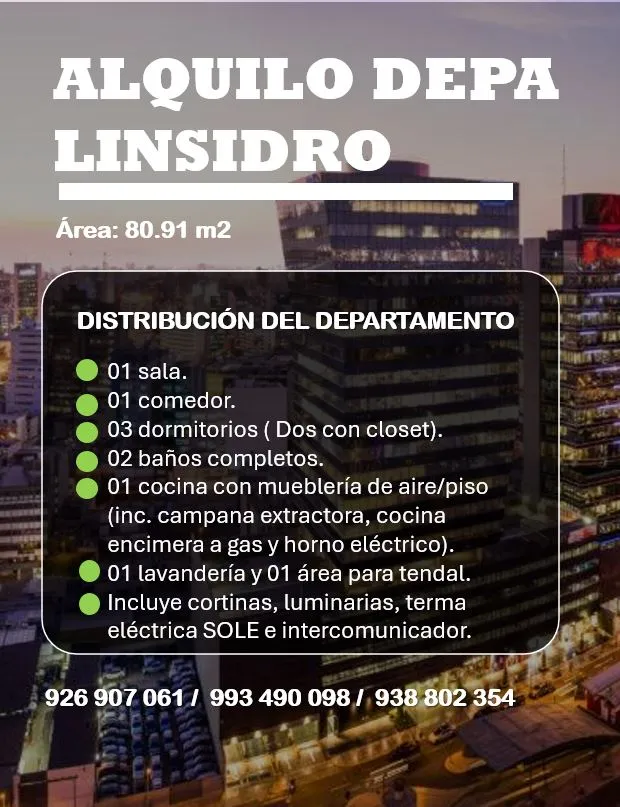 ALQUILER DE DEPARTAMENTO LINSIDRO-PISO 10 - 17