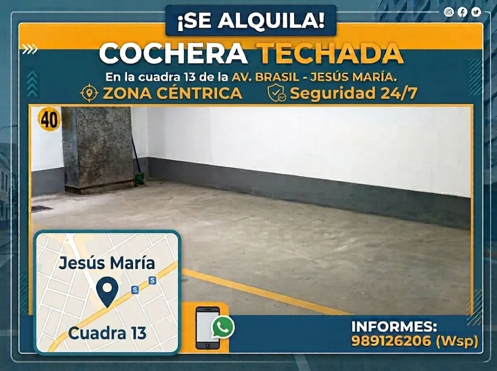 Alquilo cochera techada en zona comercial de Jesús María - 1