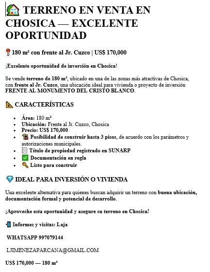 CHOSICA CENTRO VENDO TERRENO 180M2 - 2